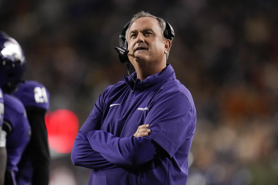 FILE - TCU head coach Sonny Dykes looks on during the first half of an NCAA college football game against Texas, Nov. 11, 2023, in Fort Worth, Texas. Before the new Big 12 — sans Oklahoma and Texas — even kicks off, the expanded College Football Playoff's new revenue structure has created a perception that the conference is not quite the equal of the Big Ten and Southeastern Conference. "You're kind of either labeled as one of the haves, one of the have nots," TCU coach Dykes said. (AP Photo/Julio Cortez, File)