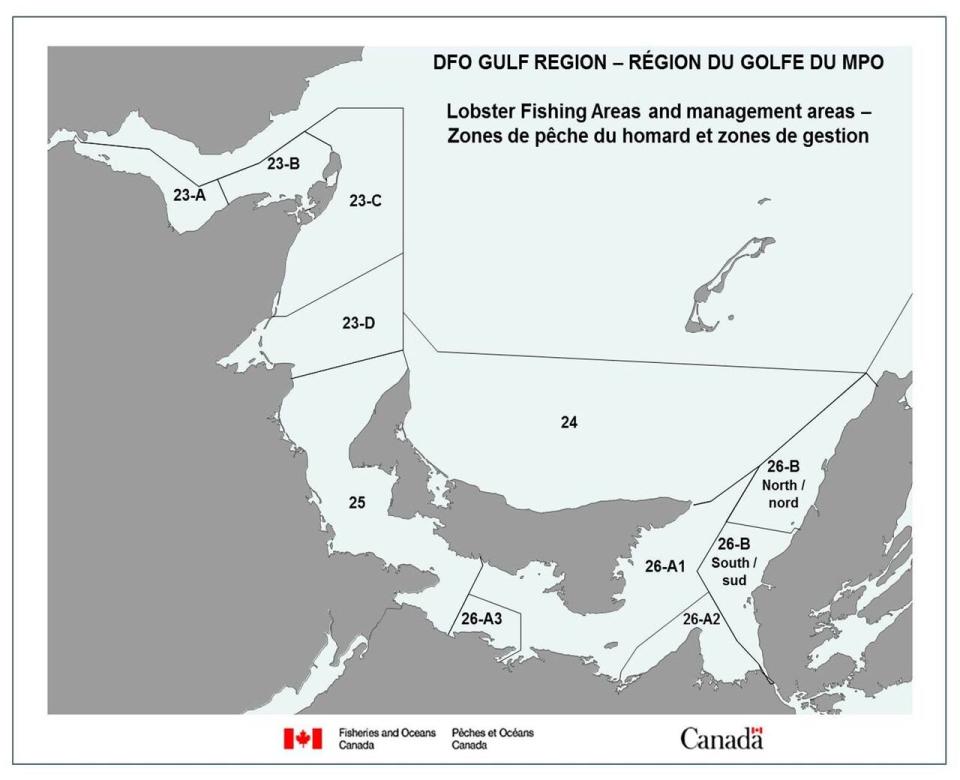 This map shows the locations of Lobster Fishing Area 24, covering the North Shore of Prince Edward Island, and Lobster Fishing Area 26-A1, stretching from Souris in the northeast to Victoria in south-central P.E.I. Lobster Fishing Areas 26-A2 and 26-A3 take in parts of northern Nova Scotia. 