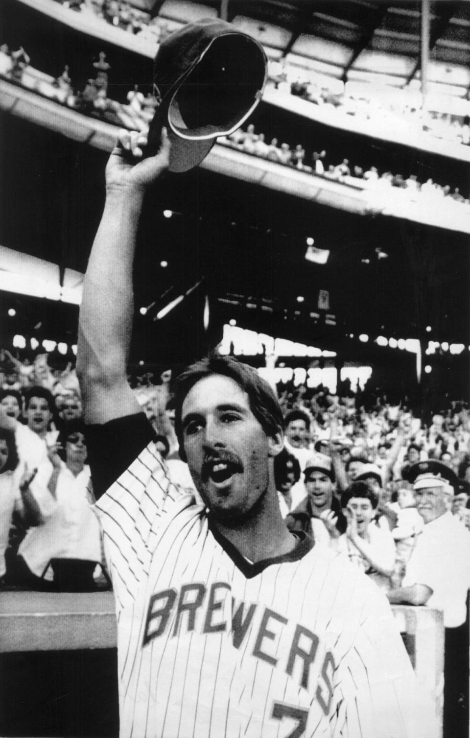 Milwaukee Brewer Dale Sveum tips his cap to the crowd at Milwaukee County Stadium following his game winning home run to give the Brewers a 6-4 victory over Texas on April 19, 1987. The Easter Sunday win gave the Brewers a 12-game winning streak, setting an American League record for consecutive wins to open a season.