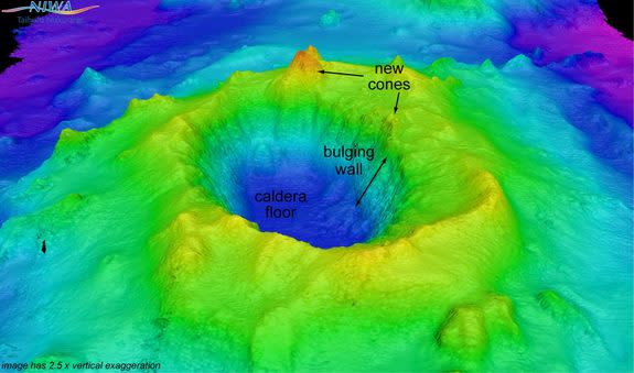 A multibeam echosounder image showing the undersea volcano called Havre Seamount, including a new cone that formed during the July 2012 eruption.