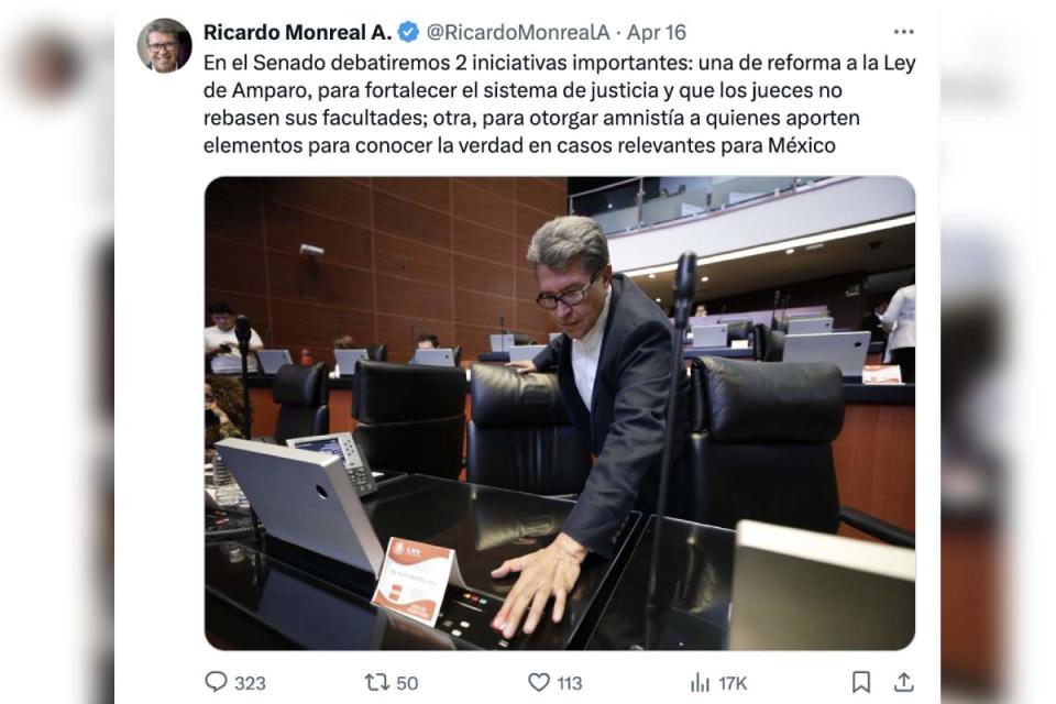 Ricardo Monreal propuso la adición de un artículo a Ley de Amnistía. Foto: X