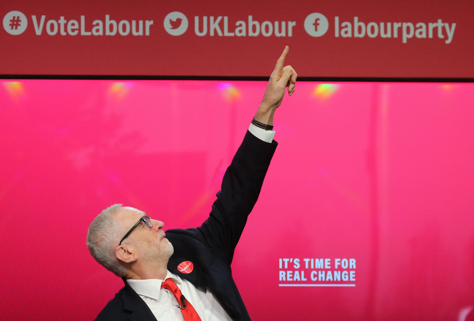 Jeremy Corbyn points at attendees during the Labour Party's manifesto launch in Birmingham for the General Election. Picture dated: Thursday November 21, 2019