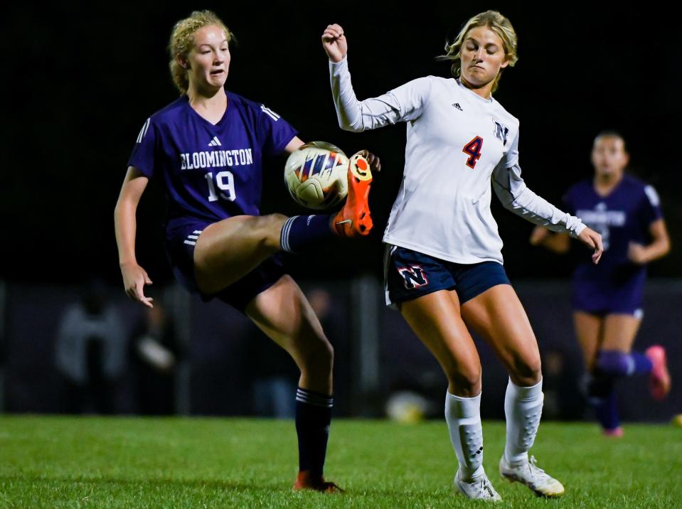 Bloomington South’s Valerie Bunde (19) controls the ball against Terre Haute North’s Rebecca Gore during the IHSAA Girls’ soccer sectional championship game at Bloomington South on Saturday, Oct. 7, 2023.