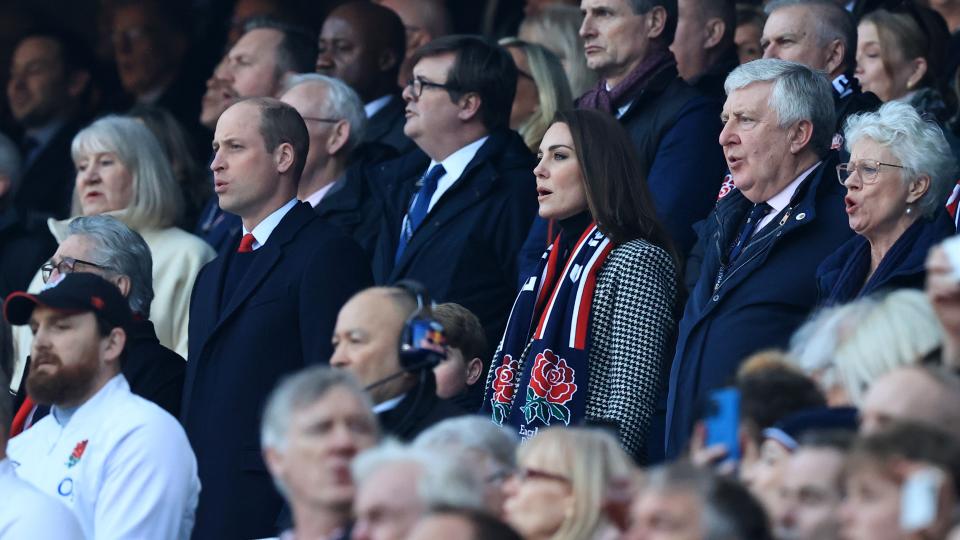 Prince William and the Princess of Wales at a Six Nations Rugby match between England and Wales