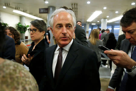 Senator Bob Corker (R-TN) speaks to reporters as he arrives for the weekly Senate Republican policy luncheon on Capitol Hill in Washington, U.S., April 17, 2018. REUTERS/Joshua Roberts