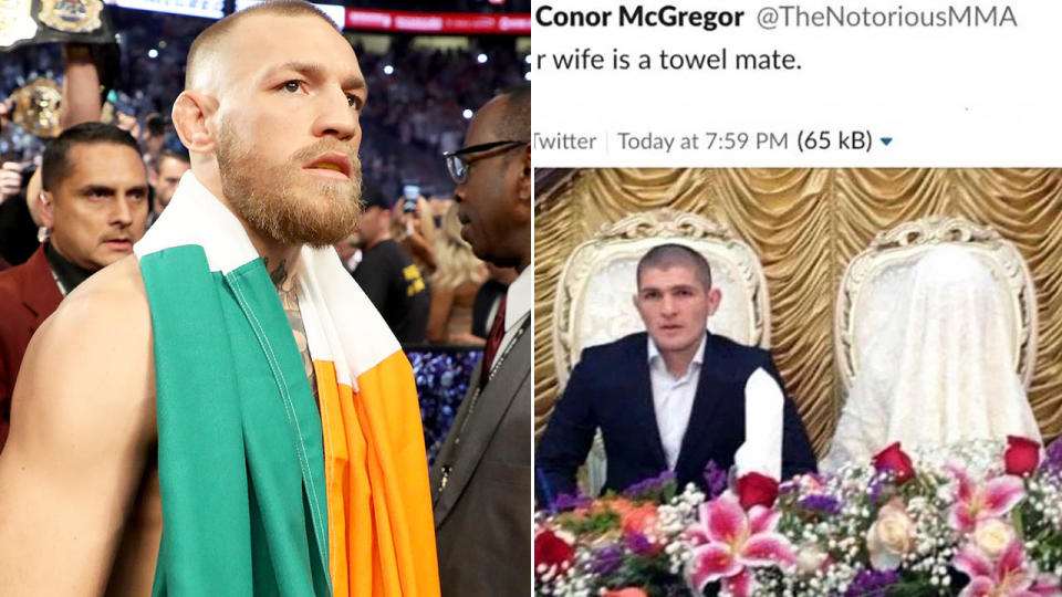 Conor McGregor’s tweet about Khabib’s wife. Image: Getty/Twitter