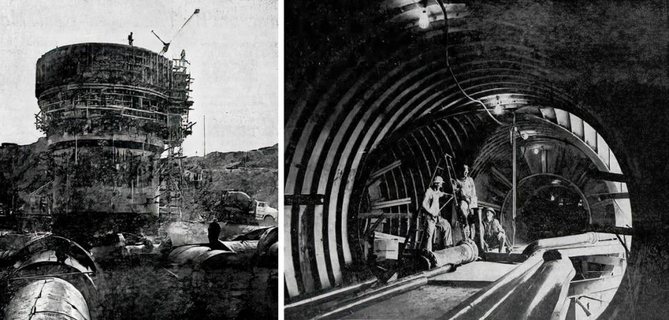 LEFT PHOTO: Workmen weld and bolt together sections of steel tunnels that will connect various parts of the Titan-1 base near Lincoln in February 1961. The top of the entry silo, in the background, is level with the ground surface. RIGHT PHOTO: Construction workers H.R. Sneed of Citrus Heights, left, Joel Owings of Sheridan, center, and Elgin West of Grass Valley enjoy lunch at a tunnel junction in February 1961.
