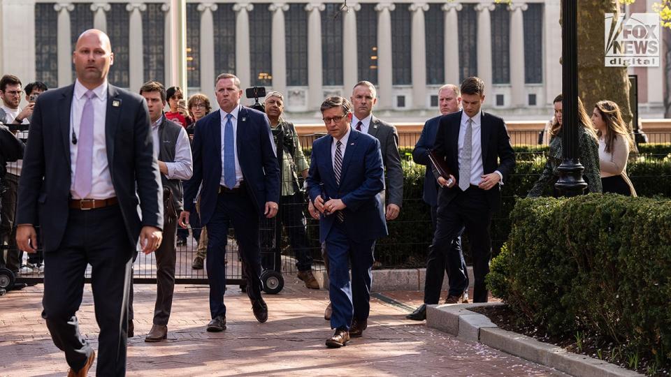 Speaker of the House Mike Johnson leaves Columbia University in New York City