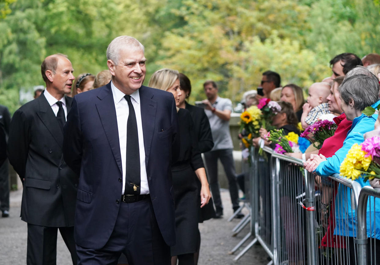 ABERDEEN, SCOTLAND - SEPTEMBER 10: Prince Andrew, Duke of York, meets well-wishers outside Balmoral on September 10, 2022 in Aberdeen, United Kingdom. Elizabeth Alexandra Mary Windsor was born in Bruton Street, Mayfair, London on 21 April 1926. She married Prince Philip in 1947 and acceded to the throne of the United Kingdom and Commonwealth on 6 February 1952 after the death of her Father, King George VI. Queen Elizabeth II died at Balmoral Castle in Scotland on September 8, 2022, and is succeeded by her eldest son, King Charles III. (Photo by Owen Humphreys - Pool / Getty Images)