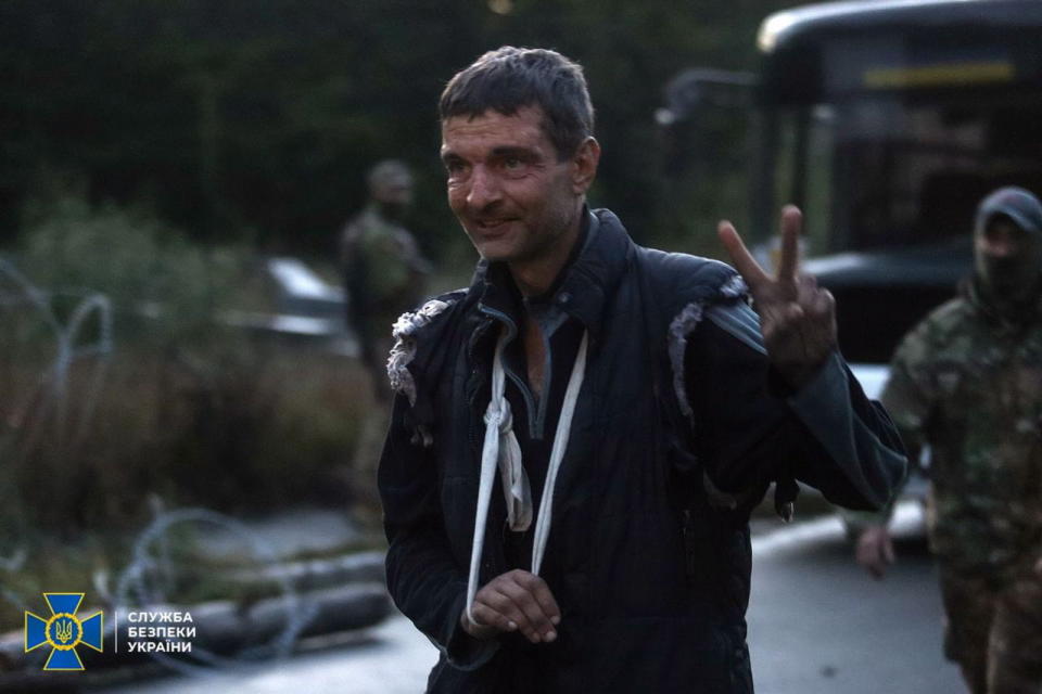 Pictured is Mykhailo Dianov, an Azovstal soldier, gesturing the V-sign after a prisoners of war (POW) exchange, in the Chernihiv region, Ukraine.