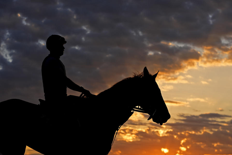 A horse comes off the track after a workout at Churchill Downs Wednesday, May 1, 2024, in Louisville, Ky. The 150th running of the Kentucky Derby is scheduled for Saturday, May 4. (AP Photo/Charlie Riedel)