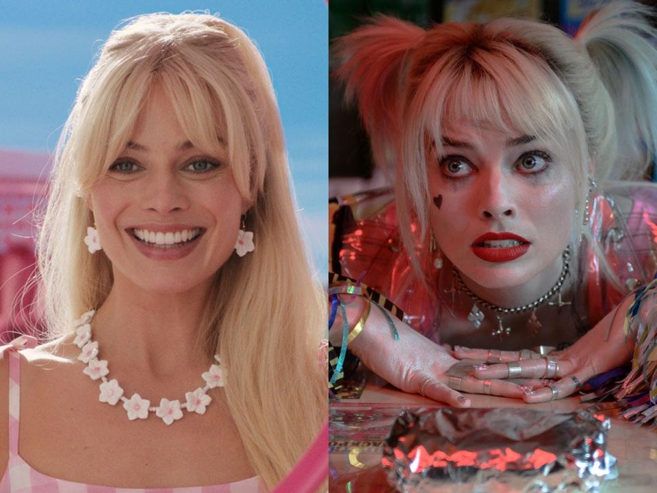 On the left: Margot Robbie as Barbie in "Barbie." On the right: Robbie as Harley Quinn in "Birds of Prey."