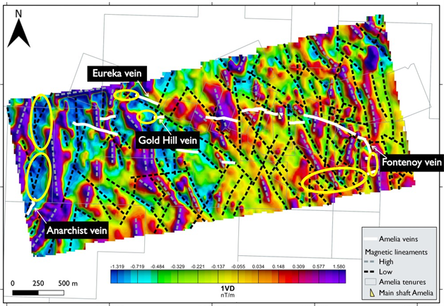 Figure 3. Image of the drone magnetic survey (1st vertical derivative) showing lineaments and targets identified