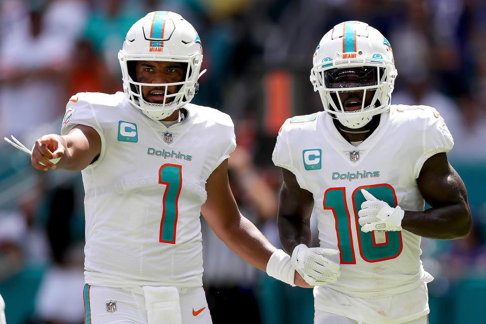 Tua Tagovailoa and Tyreek Hill donated to the fundraiser for a fan of the Dolphins. (Photo by Megan Briggs/Getty Images)