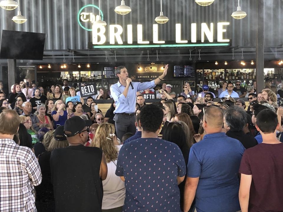 Democratic presidential candidate Beto O'Rourke takes his calls for tough gun laws and inclusive immigration policies to Phoenix, Ariz., Sunday, Oct. 6, 2019. O'Rourke on Sunday laid out a progressive vision of a country that grants citizenship to young immigrants known as "Dreamers" and treats all immigrants with respect. He told an enthusiastic crowd in Phoenix that Democrats would rewrite immigration laws in their own image. (AP Photo/Jonathan Cooper)