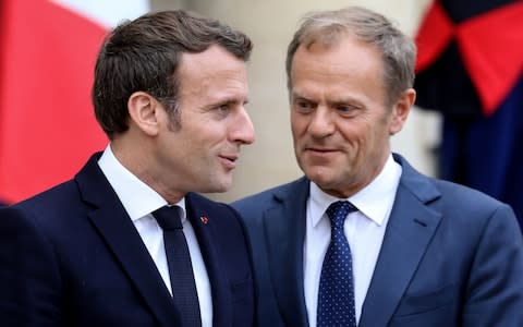 French President Emmanuel Macron (L) stands with European Council President Donald Tusk at the Elysée on Monday 20 May, 2019  - Credit: &nbsp;LUDOVIC MARIN/AFP