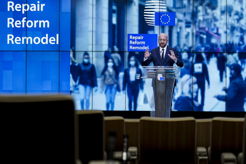 European Council President Charles Michel speaks during a media conference at the European Council building in Brussels, Friday, July 10, 2020. European Council President Charles Michel presented updated proposals for the EU's long-term budget and post-coronavirus recovery plan ahead of a summit next week in Brussels where heads of state and government leaders will try to agree on a compromise. (Kenzo Tribouillard, Pool Photo via AP)