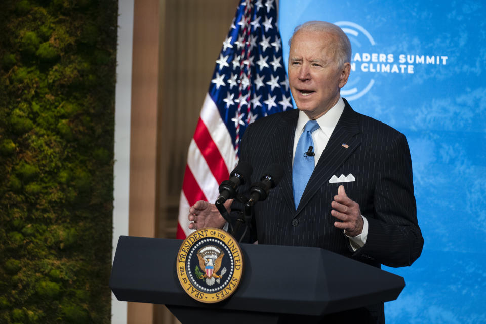 President Joe Biden speaks to the virtual Leaders Summit on Climate, from the East Room of the White House, Friday, April 23, 2021, in Washington. (AP Photo/Evan Vucci)