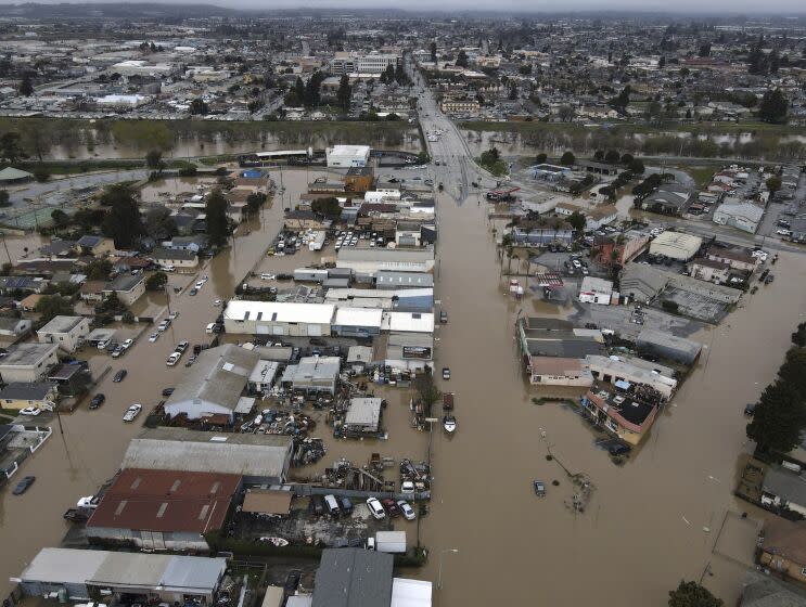 This aerial photo shows the majority of the north Monterey County town of Pajaro, Calif., just across the Pajaro River from Watsonville, Calif., submerged with floodwaters, Sunday, March 12, 2023, after the river levee breached early Saturday. (Shmuel Thaler/The Santa Cruz Sentinel via AP)