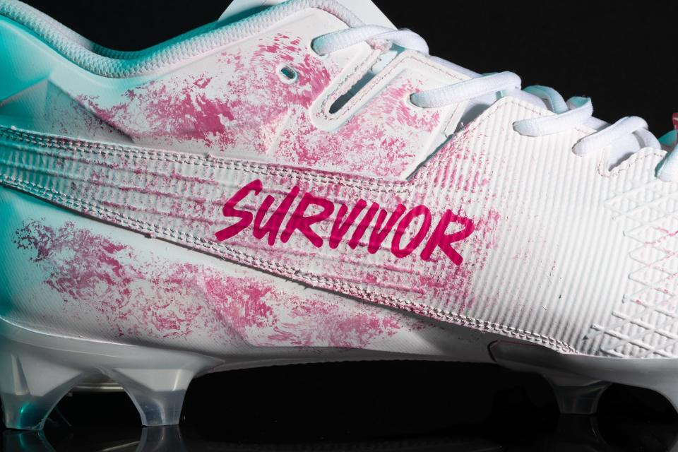 This is part of the shoes Tyler Lacy wore for MyCleats MyCause benefit during an NFL game last season to honor his mother, Veronica.