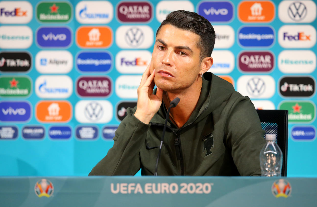 BUDAPEST, HUNGARY - JUNE 14: In this Handout picture provided by UEFA, Cristiano Ronaldo of Portugal speaks to the media during the Portugal Press Conference ahead of the Euro 2020 Group F match between Hungary and Portugal at Puskas Arena on June 14, 2021 in Budapest, Hungary. (Photo by UEFA/UEFA via Getty Images)