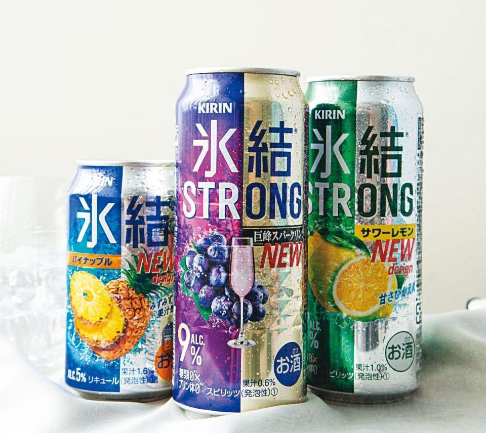 KIRIN冰結3款人氣熱銷水果口味，（由左至右）「冰結鳳梨」酒精度5％、「冰結STRONG華麗巨峰葡萄」酒精度9％、「冰結STRONG沙瓦檸檬」酒精度7％，在統一超商獨家常態販售。