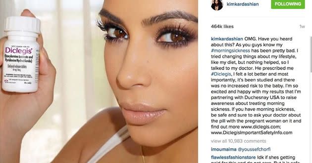 Kim Kardashian has since removed this post endorsing a morning sickness drug. Photo: Instagram