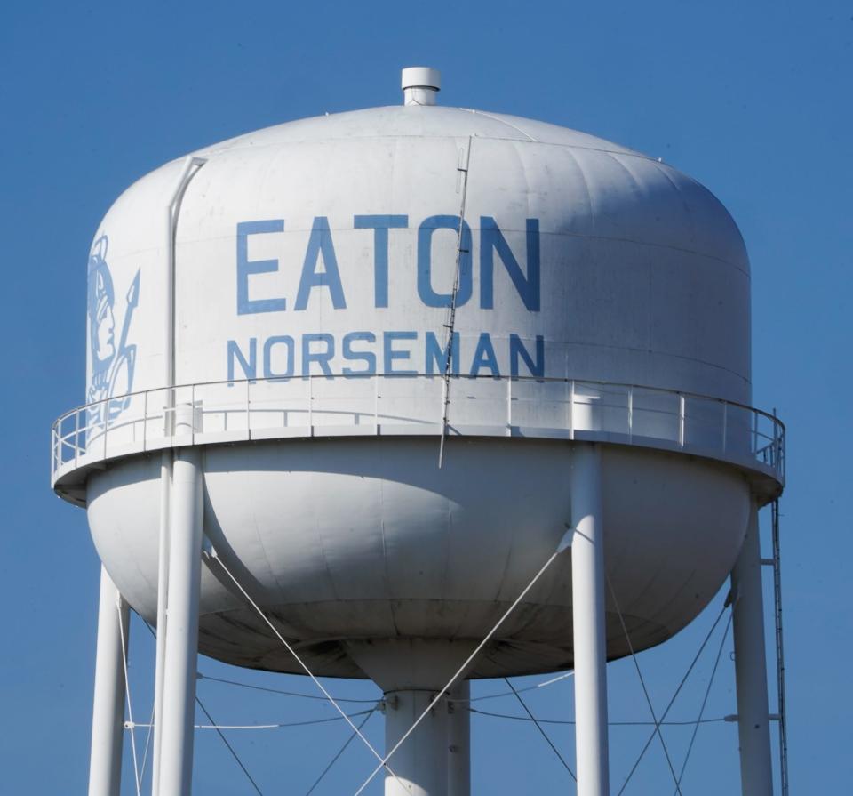 The Eaton water tower overlooks the Eaton Indiana Police Department and Town Hall, on Monday March 20, 2023. 