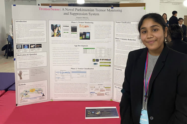Ohio high schooler Haasini Mendu presenting her project “A Novel Parkinsonian Tremor Monitoring and Suppression System” at the National STEM Festival. (Joshua Bay/The 74)