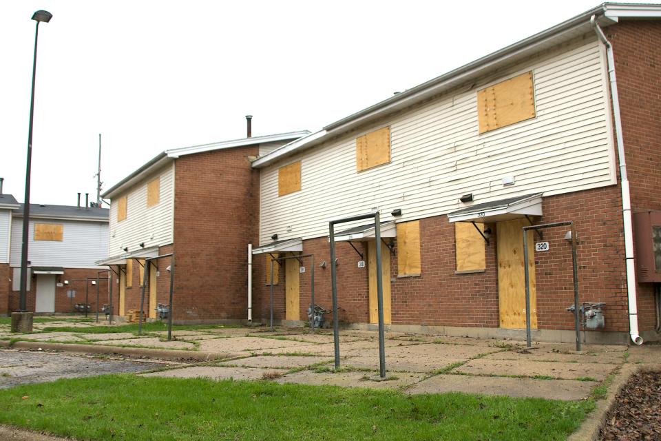 Buildings in the now vacant Fairgrounds Valley housing complex are seen boarded up Wednesday, April 17, 2024, on Rockford's near west side.