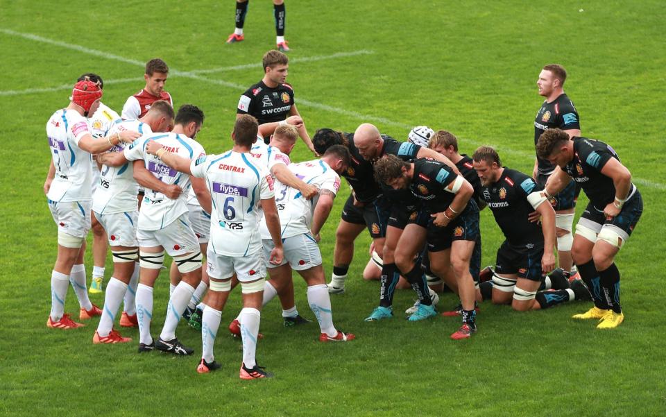 The packs prepare to scrummage during the Exeter Chiefs inter-squad match in preparation for the commencement of the Gallagher Premiership season - Getty Images