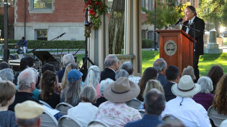 Paso Robles Mayor John Hamon speaks at a memorial for late Mayor Steve Martin at the Downtown City Park on Wednesday, Sept. 27, 2023.