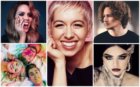 Eurovision contestants clockwise from top left: Croatia's Franka, Britain's SuRie, Germany's Michael Schulte, Malta's Christabelle, Moldova's DoReDos