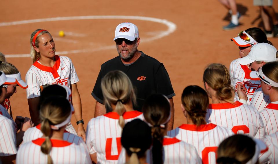 Oklahoma State head softball coach Kenny Gajewski talks to his team after winning the Big 12 softball tournament Saturday.