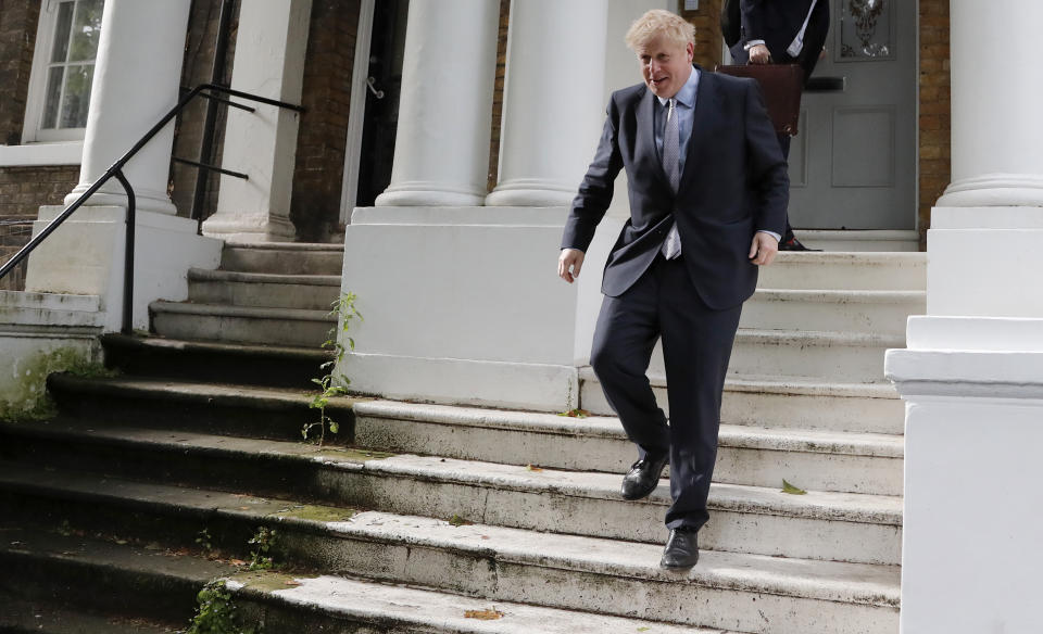 British Conservative Party lawmaker Boris Johnson leaves his home in London, Tuesday, June 11, 2019. Britain's Conservative Party is holding an election to replace Prime Minister Theresa May, who resigned last week after failing to lead Britain out of the European Union on schedule. Former Foreign Minister Boris Johnson is currently the bookies favorite to replace May. (AP Photo/Frank Augstein)