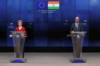 European Council President Charles Michel and European Commission President Ursula von der Leyen speak during a news conference after a virtual summit with Indian Prime Minister Narendra Modi, in Brussels