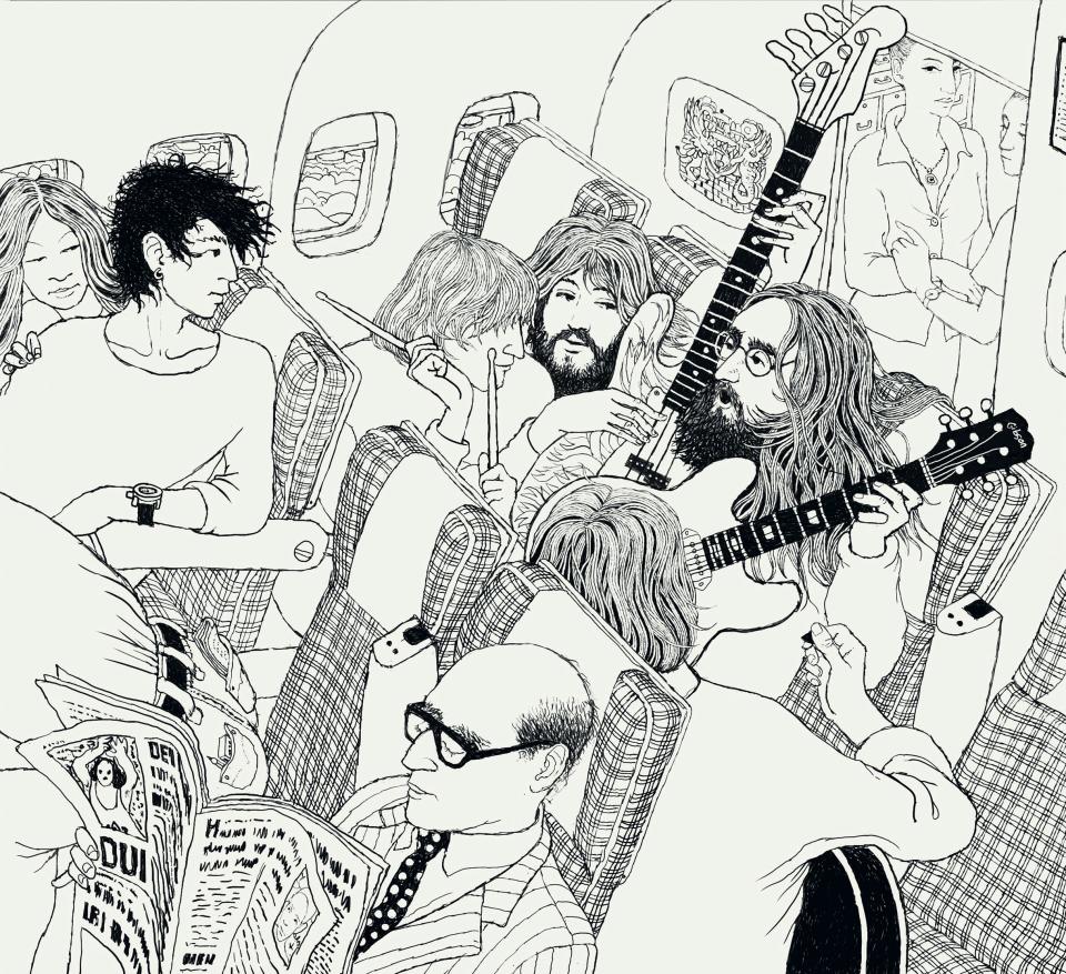 Klaus Voormann's illustration of the band rehearsing on the plane to Toronto - Klaus Voormann