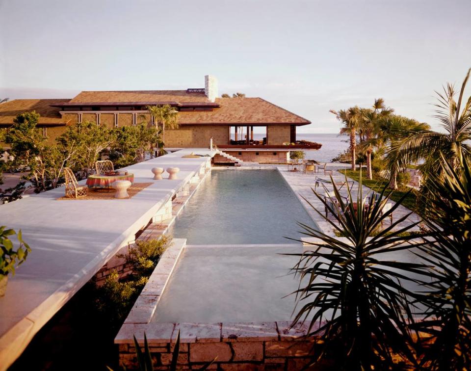 A view taken by famed architectural photographer Ezra Stoller of Miami architect Alfred Browning Parker’s waterfront 1963 home in Coral Gables shortly after it was built shows the elevated pool deck with the main house behind it.