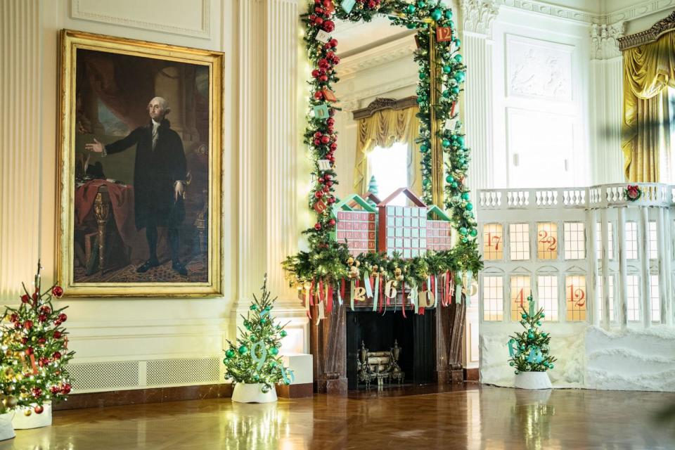PHOTO: Holiday decor is seen in the East Room of the White House during a holiday media preview at the White House, Nov. 27, 2023.  (Leigh Vogel/UPI/Shutterstock)