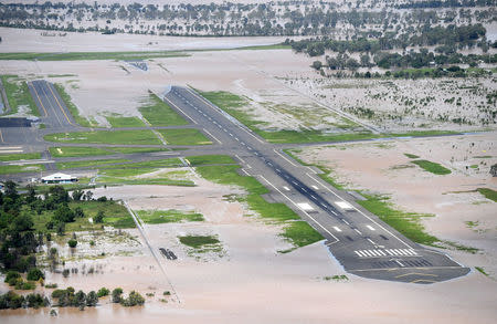 Floodwaters cover the main runway at Rockhampton Airport in Australia, April 6, 2017, in the aftermath of Cyclone Debbie. AAP/Dan Peled/via REUTERS