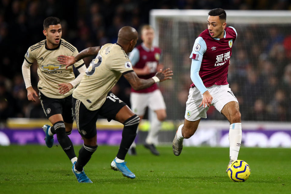 BURNLEY, ENGLAND - DECEMBER 28: Dwight McNeil of Burnley during the Premier League match between Burnley FC and Manchester United at Turf Moor on December 28, 2019 in Burnley, United Kingdom. (Photo by Robbie Jay Barratt - AMA/Getty Images)
