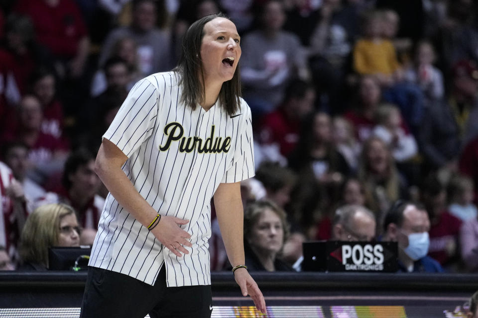 Purdue head coach Katie Gearlds yells to her team as they played against Indiana in the second half of an NCAA college basketball game in West Lafayette, Ind., Sunday, Feb. 5, 2023. Indiana defeated Purdue 69-46. (AP Photo/Michael Conroy)