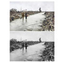 This photo combination shows digital colorization, top, by Anju Niwata and Hidenori Watanave, and original black and white photo that two people walk on a cleared path through the destruction resulting from the Aug. 6 detonation of the first atomic bomb, Sept. 8, 1945. Professor Hidenori Watanabe and his student Anju Niwata of a Tokyo University lab is using AI to add color to historic wartime photographs using a combination of methods. These include the latest AI technologies, but also traditional methods, going door to door interviewing survivors who track back memories to color their family photographs. The team has brought to life hundreds of black-and-white wartime photographs and those of post-war devastation. (U.S. Air Force/Anju Niwata & Hidenori Watanave via AP)