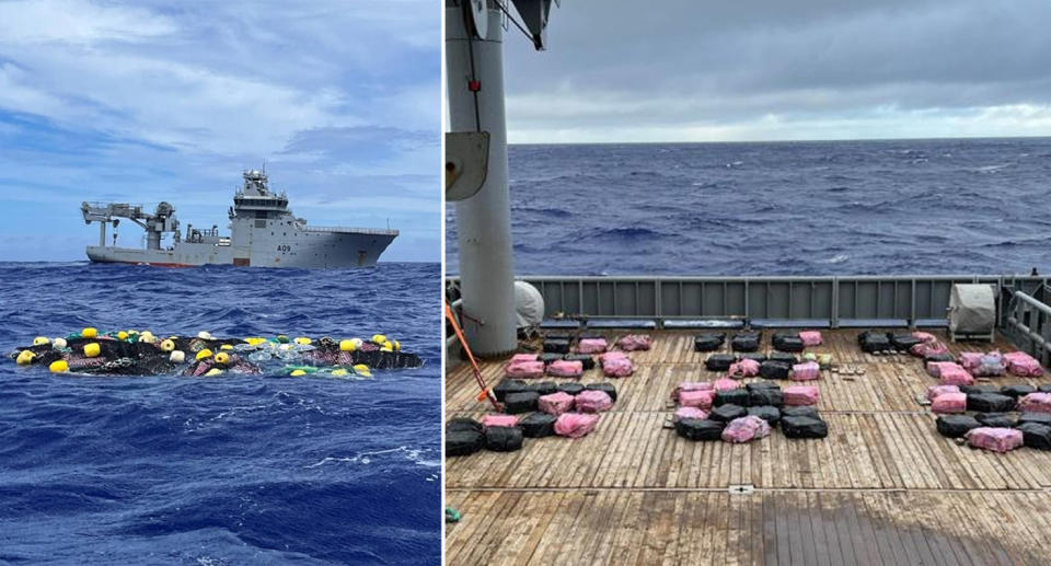 A mass of plastic and floatation buoys is seen floating in the ocean in front of a ship. Police discovered that $500m of the drug cocaine was inside the packages.