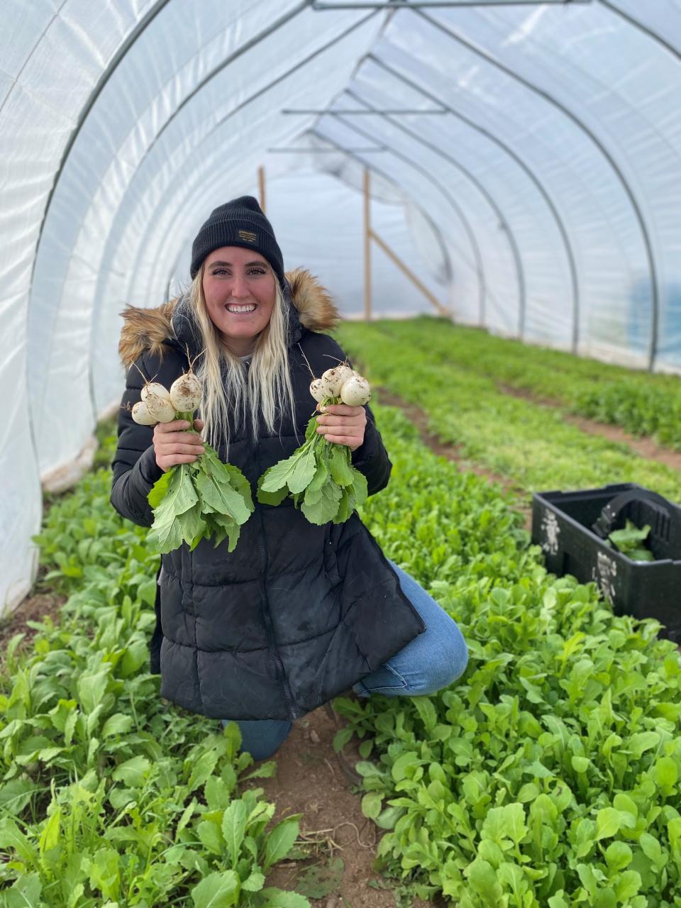 Hannah Sims, farm manager at Rosebird Farms, takes two bunches of turnips out of the hoop-house's garden beds.