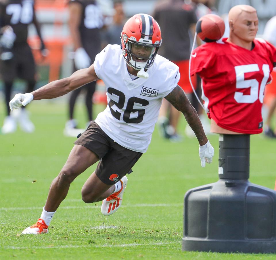 Cleveland Browns cornerback Greedy Williams participates in a pass rushing drill during training camp on Friday, July 29, 2022 in Berea.