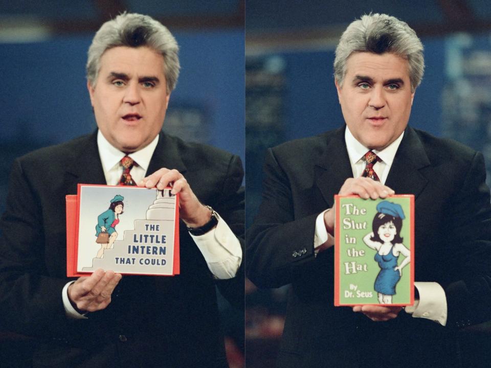 On "The Tonight Show with Jay Leno," Leno held up fake children's books mocking Lewinsky.