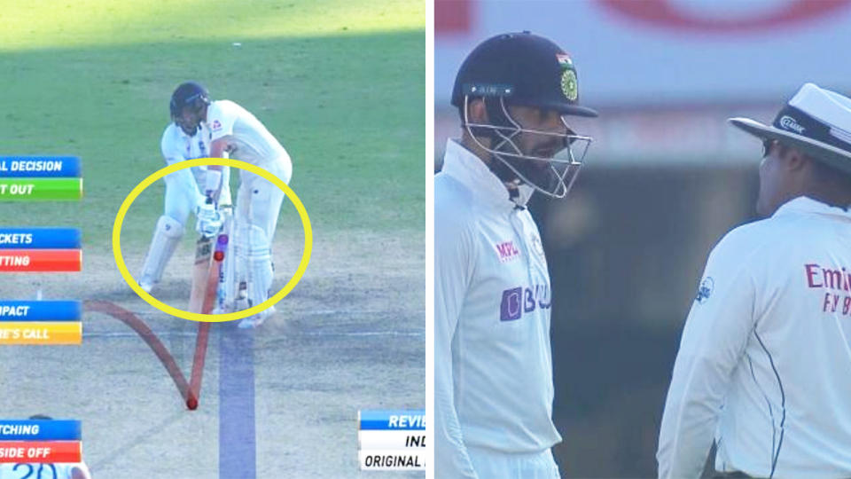 Joe Root (pictured left) being trapped in front of the stumps and Virat Kohli (pictured right under the helmet) arguing with the umpire.