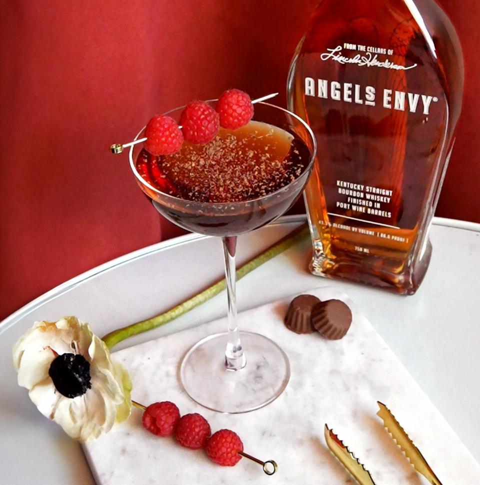 PHOTO: This bourbon cocktail topped with grated dark chocolate and a raspberry. (Angel's Envy)