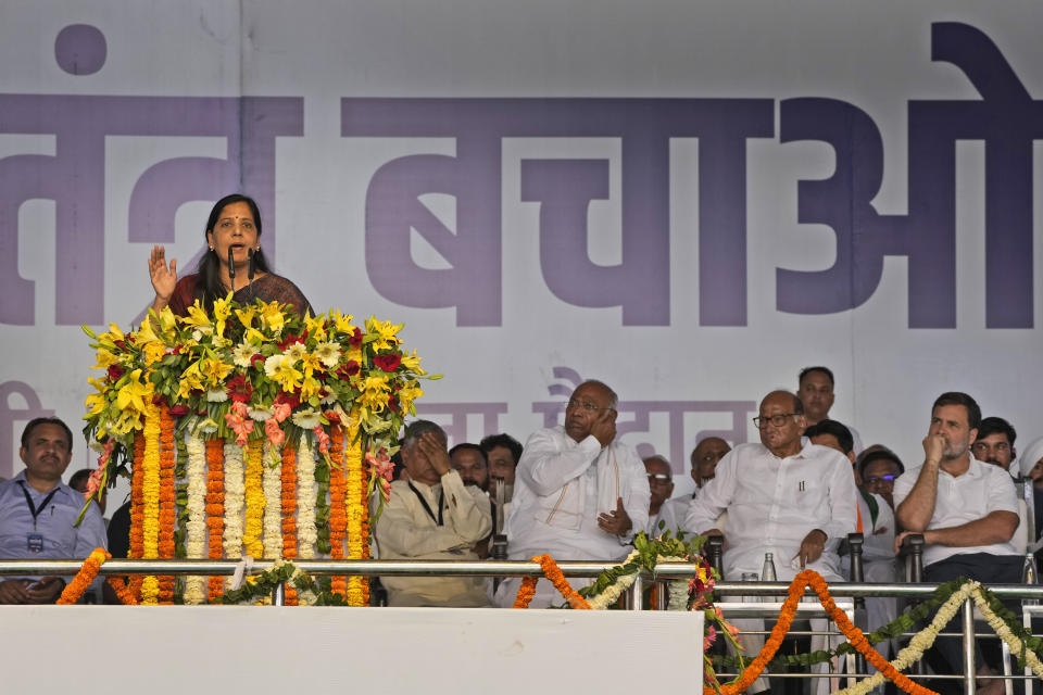 Sunita Kejriwal, wife of Aam Admi Party leader and Delhi Chief Minister Arvind Kejriwal, speaks during the 'Save Democracy' rally organized by INDIA bloc, a group formed by opposition parties, in New Delhi, India, Sunday, March 31, 2024. The "Save Democracy" rally was the first major public demonstration by the opposition bloc INDIA against the arrest of New Delhi's top elected official and opposition leader Arvind Kejriwal on March 21, in a liquor bribery case. (AP Photo/Manish Swarup)